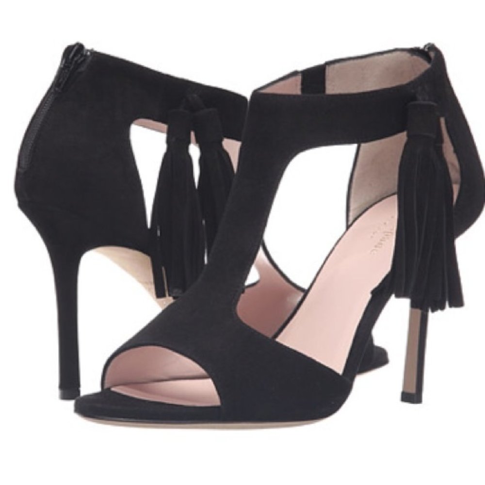 kate spade Black Suede Tassel T-Strap Stiletto Heels